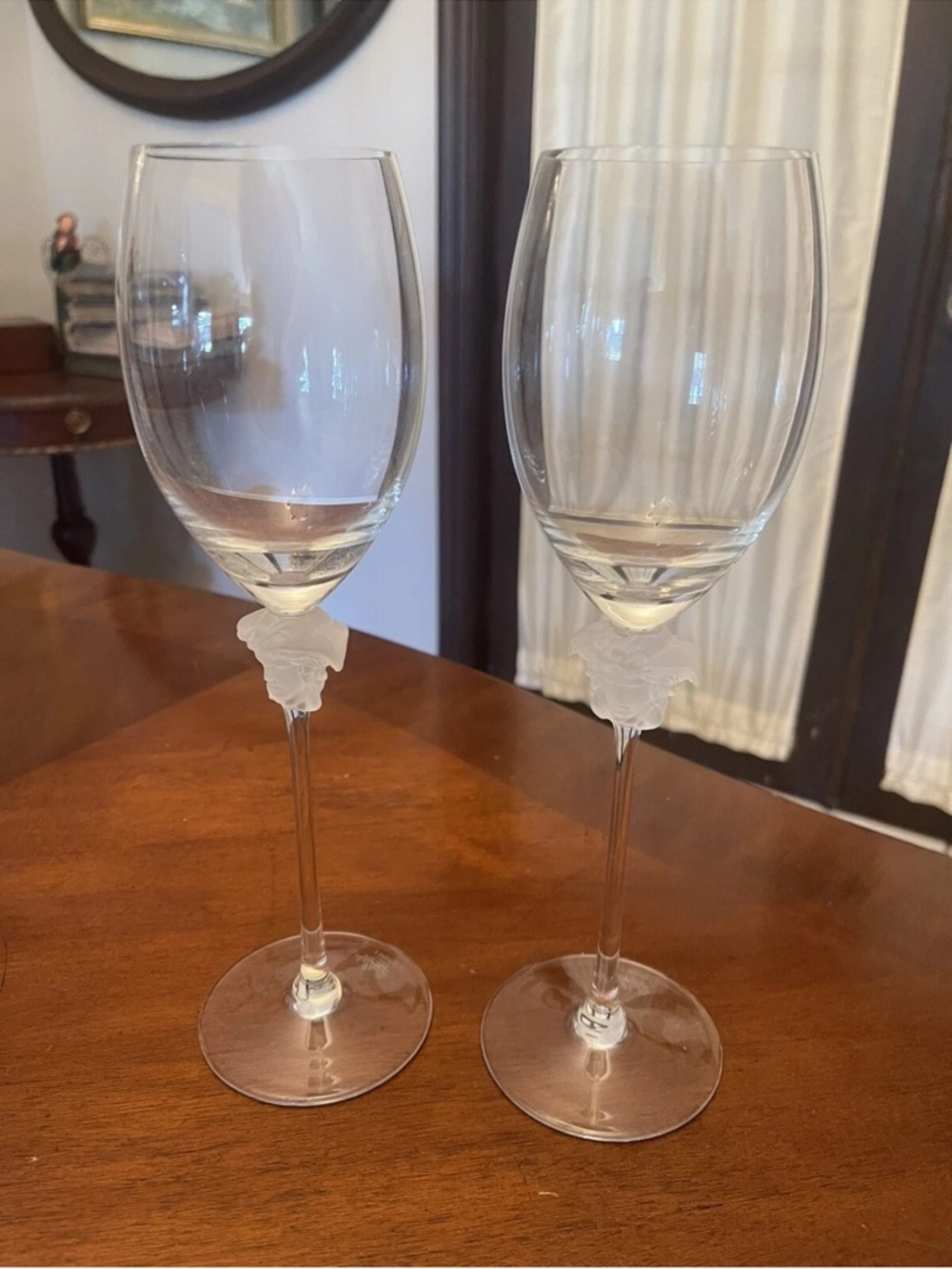 Versace Clear Crystal Wine Glasses with Clear Rose Stem - Set of 2